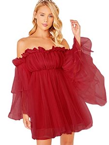 lot 12217 image: Romwe Womens Romantic Off Shoulder Flounce Long Sleeve Wedding Ruffle Mesh Party Mini Dress Red L