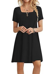 lot 12225 image: POPYOUNG 2023 Womens Summer Casual Square Neck T Shirt Dress Short Sleeves Boho Beach Cover up L, Pure BK-SQ