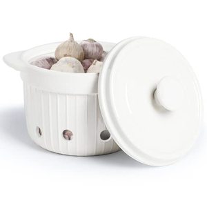 lot 12241 image: HAOTOP Garlic Keeper with Lid, Ceramic Garlic Saver Container for Countertop, Kitchen Decor (White)