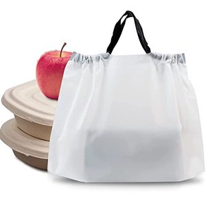 lot 12252 image: Take out Bags with Handles- 50 PCS Water Proof Tamper Evident to Go Bags with Seal Drawstring Food Bags Reusable Thick Plastic Shopping Bags for Restaurants, Carry Out, Delivery (Small)