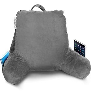 lot 12258 image: Nestl Reading Pillow Standard Bed Pillow, Back Pillow for Sitting in Bed Shredded Memory Foam Chair Pillow, Reading & Bed Rest Pillows Grey Back Pillow for Bed, Bed Chair Arm Pillow with Pockets