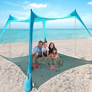 lot 12264 image: Beach Tent - Beach Tent Canopy UPF 50 UV, 10 x 10 FT, Anti-Wind Beach Shade with 4 Windproof Ropes, 4 Poles, 1 Portable Bag,Turquoise