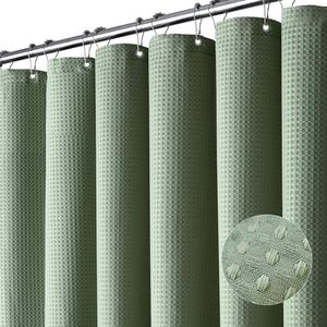 lot 12276 image: Dynamene Stall Fabric Shower Curtain - 48 inch Wide Waffle Weave Weighted Thick Cloth Shower Curtain for Bathroom, Neutral Heavy Duty Hotel Spa Luxury Bath Curtain Set with 8 Hook, 48x72, Sage Green