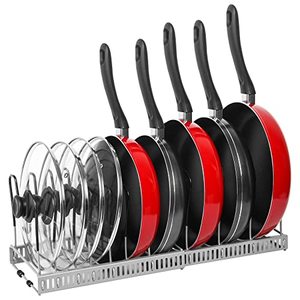 lot 12281 image: Pot Rack Organizer -Expandable Pot and Pan Organizer for Cabinet,Pot Lid Organizer Holder with 10 Adjustable Compartment for Kitchen Cabinet Cookware Baking Frying Rack Grey