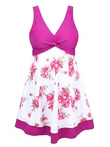 lot 12285 image: MiYang Womens Plus Size Printing Padded High Waist Swimdress Purple Flower 12-14