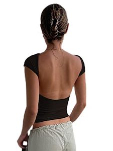 lot 12287 image: Womens Backless T-Shirts Y2K Crop Top Solid Casual Short Sleeve Sexy Vintage Cut Out 2023 Summer Fashion (Black, Small)