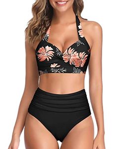 lot 12289 image: Tempt Me Womens Vintage Swimsuits Floral Black Retro Halter Ruched High Waist Bikini with Bottom M