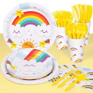lot 12298 image: DECORLIFE Rainbow Party Supplies Serve 16 Guests, Rainbow Birthday Decorations for Girls, Napkins, Tablecloth, Cups, Utensils Included, Total 113 PCS
