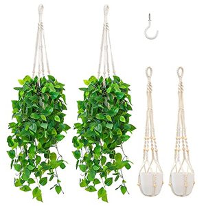 lot 12304 image: Jaryco Fake Hanging Plant with Pot, Artificial Hanging Plants for Home Decor Indoor, Macrame Plant Hanger with Fake Vines, Faux Hanging Plants Greenery Decor for Bedroom Bathroom Kitchen Office