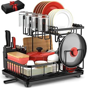 lot 12309 image: Cibert Dish Drying Rack with Drainboard, 2 Tier Dish Racks for Kitchen Counter, Black Dish Drainer Set, Kitchen Dish Dryer Rack with Mat, Dish Strainers for Kitchen Sink
