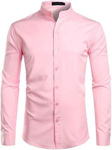 lot 12316 image: ZEROYAA Mens Hipster Solid Slim Fit Long Sleeve Mandarin Collar Dress Shirts ZLCL08 Pink Large