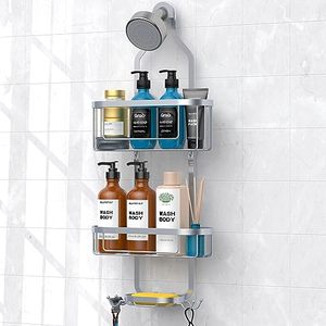 lot 12318 image: Kadolina Bathroom Hanging Shower Organizer, Over Head Shower Caddy Shower Storage Rack Basket with Hooks for Razor and Sponge Rustproof, Silver Patented