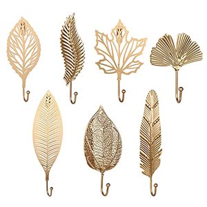 lot 12325 image: ORYOUGO Set of 7 Decorative Leaves Iron Hooks Extra Large Plant Modern Key Holder Wall Mounted Gold Single Prong Coat Hanger for Hallways, Living Room