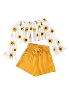 lot 12326 image: SOLY HUX Girls 2 Piece Outfit Summer Boho Floral Print Long Sleeve Top and Shorts Set Cute Clothes for Girls Multicoloured 170