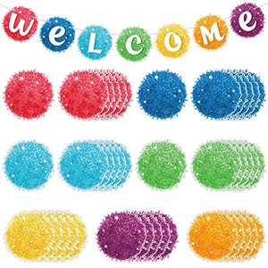lot 12332 image: 61 Pcs Welcome Banner Classroom Office Confetti Pennants Back to School Decor Mini Pom-Poms Welcome Bulletin Board Accents Pentagram Round Heart Poms Cutouts with 100 Glue Point Dot
