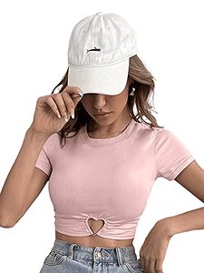lot 12334 image: SOLY HUX Womens Summer Crop Top Short Sleeve T Shirt Cut Out Tee Light Pink M