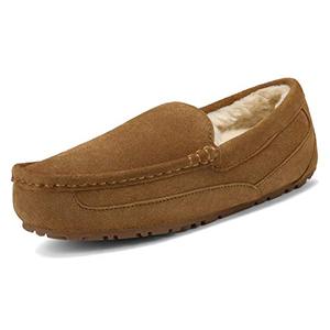 lot 12338 image: DREAM PAIRS Mens Au-loafer-01 House Slippers Moccasin Indoor Outdoor Fuzzy Furry Loafers Suede Leather Warm Comfortable Shoes Size 9.5, Tan