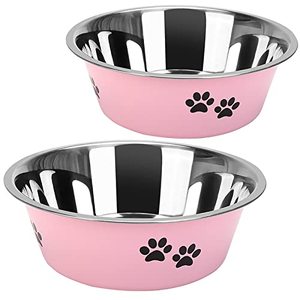 lot 12348 image: Stainless Steel Large Dog Bowl 64oz (8cup), 2 Pack Dog Food Water Bowl with Non-Slip Feet for MediumLarge Dogs, Pets Feeder Perfect Choice (Pink)