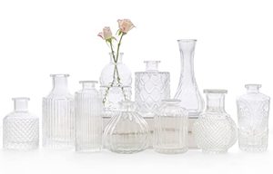 lot 12363 image: Glass Bud Vase Set of 10 - Small Clear Vases in Bulk, Cute Glass Vases for Centerpieces, Mini Vintage Vase for Rustic Wedding Decorations, Home Table Flower Decor