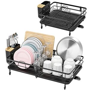 lot 12369 image: TOOLF Expandable , Adjustable Dish Rack, Foldable Dish Drying Rack with Removable Cutlery Holder Swivel Drainage Spout, Anti-Rust Plate Rack for Kitchen, 1 Piece, Black