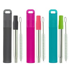 lot 12375 image: NAIVELY Metal Reusable Straws, 3 Pack Collapsible Portable Stainless Steel Straws, with Plastic Housing Silicone Tips and Cleaning Brush, Retractable Portable Pocket Drinking Straws