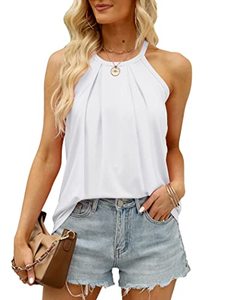 lot 12376 image: Eachyes Womens Halter Tops Summer Sleeveless Flowy Loose Fit Pleated Tank Top and Blouses White Large