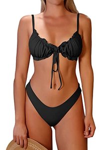lot 12380 image: ZAFUL Womens Wrinkled Bikini Ruffles SolidTie Up Sexy Bikini Set Swimsuit Black M