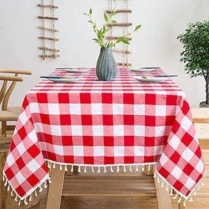 lot 12382 image: ShinyBeauty Checkered Tablecloth Rectangle 54x70 Red White Buffalo Check Tablecloth with Tassel Picnic Gingham Cotton Table Cover Classic Farmhouse Plaid Tabletop for Home Kitchen Dining