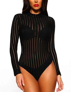 lot 12387 image: Lrady Womens Sheer Mesh High Neck Long Sleeve Vertical Stripe See Through Leotard Bodysuit Body Tops