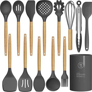 lot 12392 image: 14 Pcs Silicone Cooking Utensils Kitchen Utensil Set - 446°F Heat Resistant,Turner Tongs, Spatula, Spoon, Brush, Whisk, Wooden Handle Gray Gadgets with Holder for Nonstick Cookware (BPA Free)