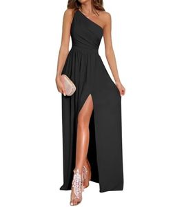 lot 12394 image: LYANER Womens One Shoulder High Split Sleeveless Ruched Sexy Party Maxi Long Dress Solid Black X-Large