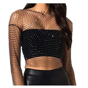 lot 12410 image: Fstrend Women Mesh Body Chains Rhinestone Long Sleeve Crystal See Through Cover up Crop Tops Fishnet Bikini