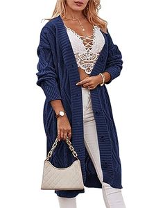 lot 12414 image: Imily Bela Womens Chunky Cable Knit Long Cardigan Open Front Sweaters Long Sleeve Button Down Sweater Outerwear Navyblue