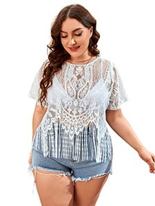 lot 12422 image: SOLY HUX Womens Plus Size Sheer Lace Fringe Hem Short Sleeve Tee T Shirt Tops Solid White 3XL