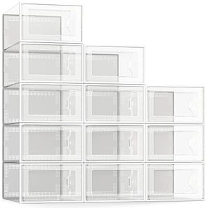 lot 12433 image: SEE SPRING Large 12 Pack Shoe Storage Box, Clear Plastic Stackable Shoe Organizer for Closet, Space Saving Foldable Shoe Rack Sneaker Container Bin Holder