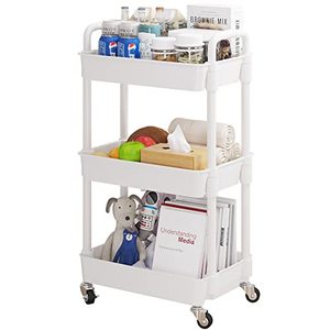 lot 12437 image: UDEAR 3-Tier Rolling Utility Cart with 12 Category Labels,Multifunctional Storage Shelves with Handle and Lockable Wheels for Room,Office,Kitchen,Bathroom,White