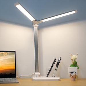 lot 12449 image: iVict Dual Swing Arm LED Desk Lamp, 5 Modes Touch Control Brightness Levels Desk Light with 45 Minutes Auto-Off Timer, USB Charging Port, Memory Function, Pen Holder for Office, Dorm