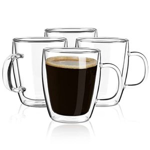 lot 12455 image: YUNCANG Double Wall Coffee mugs, (4-Pcak) 16 Ounces-Clear Glass with Handle,Insulated,Cappuccino,Tea ,Latte Cups,Beverage Glasses Heat Resistant