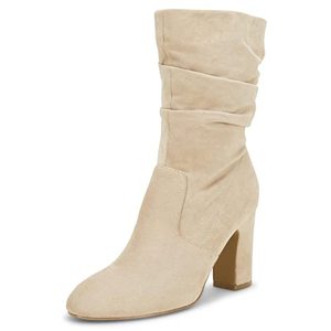 lot 12459 image: Womens Mid Calf Slouchy Boots Suede High Heel Zip Stacked Chunky Block Round Toe Booties Nude Size 8