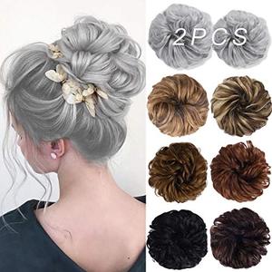 lot 12466 image: HOOJIH Messy Bun Hair Piece, 2PCS Tousled Updo Hair Extensions Hair Bun HCB001 Daisy Curly Wavy Ponytail Hairpieces Hair Scrunchies with Elastic Rubber Band for Women Girls - Silver Gray