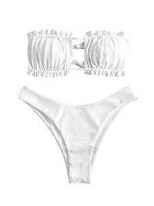 lot 12469 image: ZAFUL Womens Strapless Bikini Ribbed Tie Back Ruffle Cutout Bandeau Bikini Set Swimsuit (0-White, M)