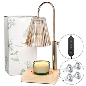 lot 12494 image: Candle Warmer Lamp - Adjustable Height Candle Lamp Warmer with Dimmer, 2H4H8H Timer Wax Melt Light Compatible with Yankee Jar Candles for Mothers Day Gift, Include 4 Replace Blubs (Gold)