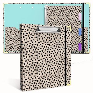 lot 12506 image: 3 Ring Binder 1 Inch Ring, 2 Interior Pockets, 5 Tab Dividers, Low Profile Clipboard with Storage, Fashion Cute Binder and Labels Stickers for School Office (Cheetah Spots)