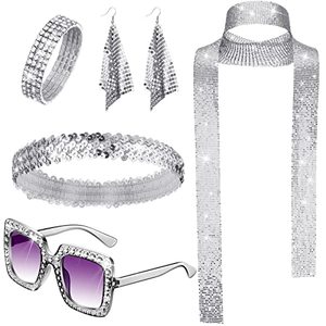 lot 12517 image: 5 Pcs 70s Disco Accessories Women Costume Jewelry Disco Earrings Sequin Scarf Sunglasses Diamond Bracelet Headband (Silver)