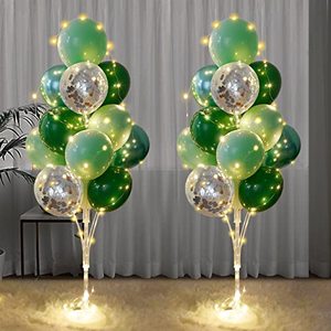 lot 12523 image: Balloon Stand for Floor with String Light 2 Set Green Centerpieces Balloon Holder Decoration for Wedding Baby Shower Birthday Party Surprise Nature Forest Theme Party