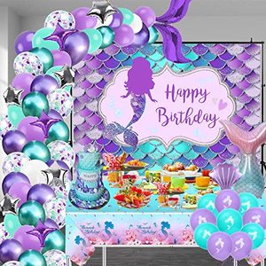 lot 12525 image: Mermaid Birthday Party Decorations Girls - Mermaid Party Supplies for Girls, Balloon Arch Kit, Balloon Garland Kit with Mermaid Backdrop, Mermaid Tablecloth, Birthday Balloons, Confetti Balloons, Mermaid Balloons