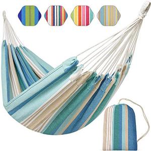 lot 12527 image: Brazilian Hammock for Single Person, Cotton Hammock Portable Blue Hammock with Carry Bag for Backyard, Porch, Outdoor and Indoor Use Blue & Greens