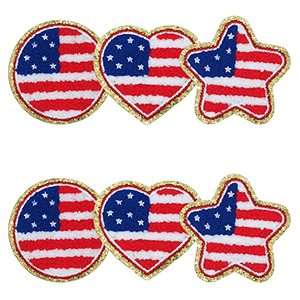 lot 12555 image: 6PCS Patriot Heart Icons Stars & Stripes USA Flag Chenille Patches Varsity Appliques DIY Badges Iron On, Sew On, Peel and Stick Personalized Clothing & Bags