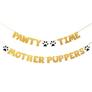lot 12556 image: Pre-Strung Lets Pawty Dog Birthday Party Supplies, Pawty Time Mother Puppers,Funny Gold Glitter Puppy Dog Birthday Banner For Party Decorations Girl Boy, Cute Puppy Pets Paw Pennant Sign Deco