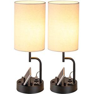 lot 12562 image: Dreamholder Table Lamp with 3 USB Charging Ports, Modern Desk Lamp with AC Outlet and Phone Stands, Perfect Bedside Lamp for Bedroom, Living Room, Office (Pack of 2), Cream